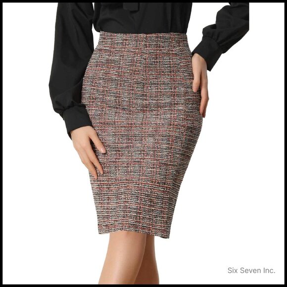 Tweed Pencil Skirt High Waist Split Hem Bodycon Office Work Chic Classic - Picture 1 of 6
